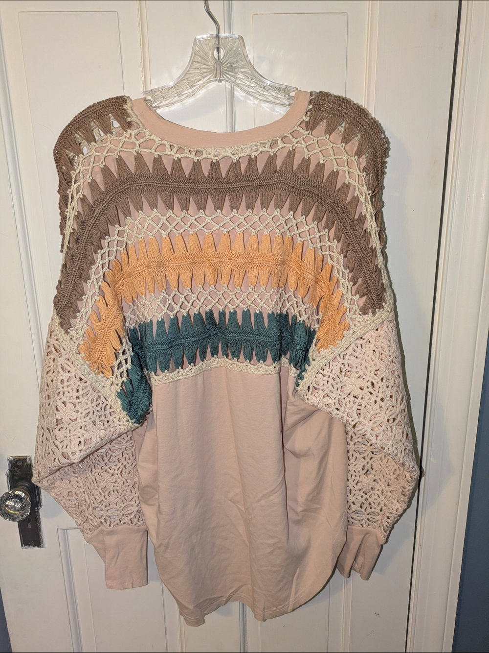 gimmicks by BKE Pink Crochet Panel Crewneck with Multicolor Stripes